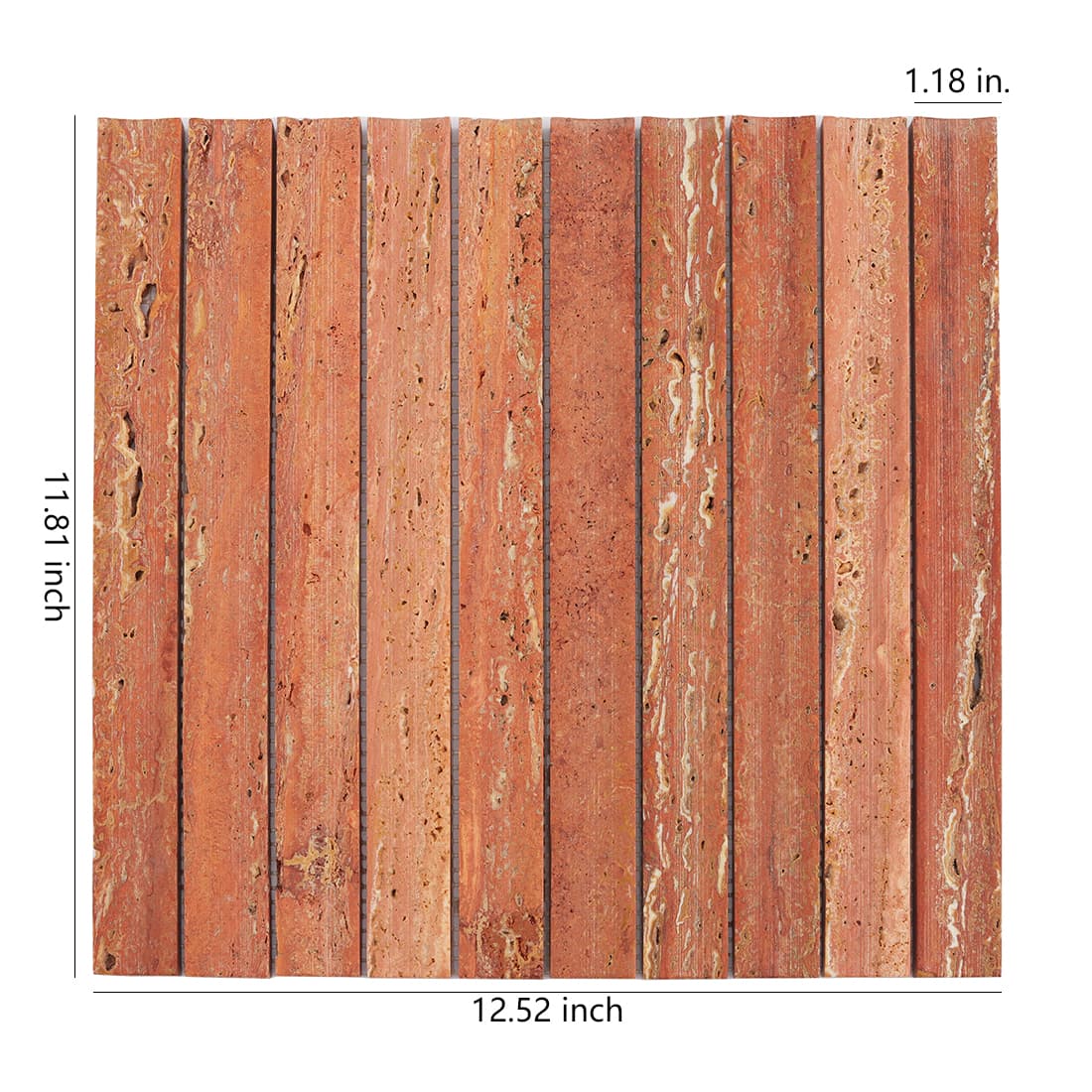 Red travertine stacked strip mosaic tile sheet with size details