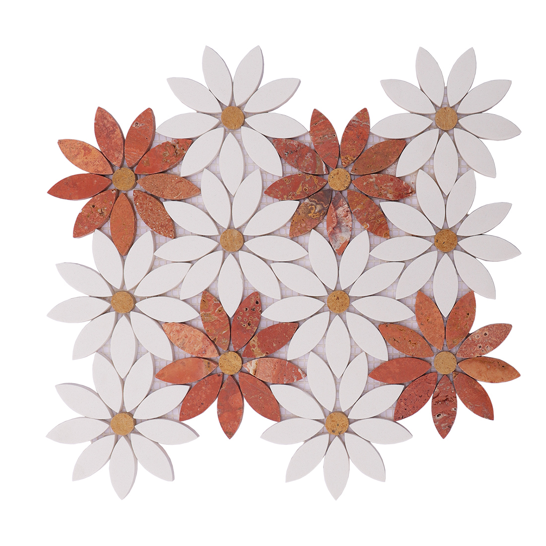 Red and white daisy marble mosaic tile sheet with petal detail.