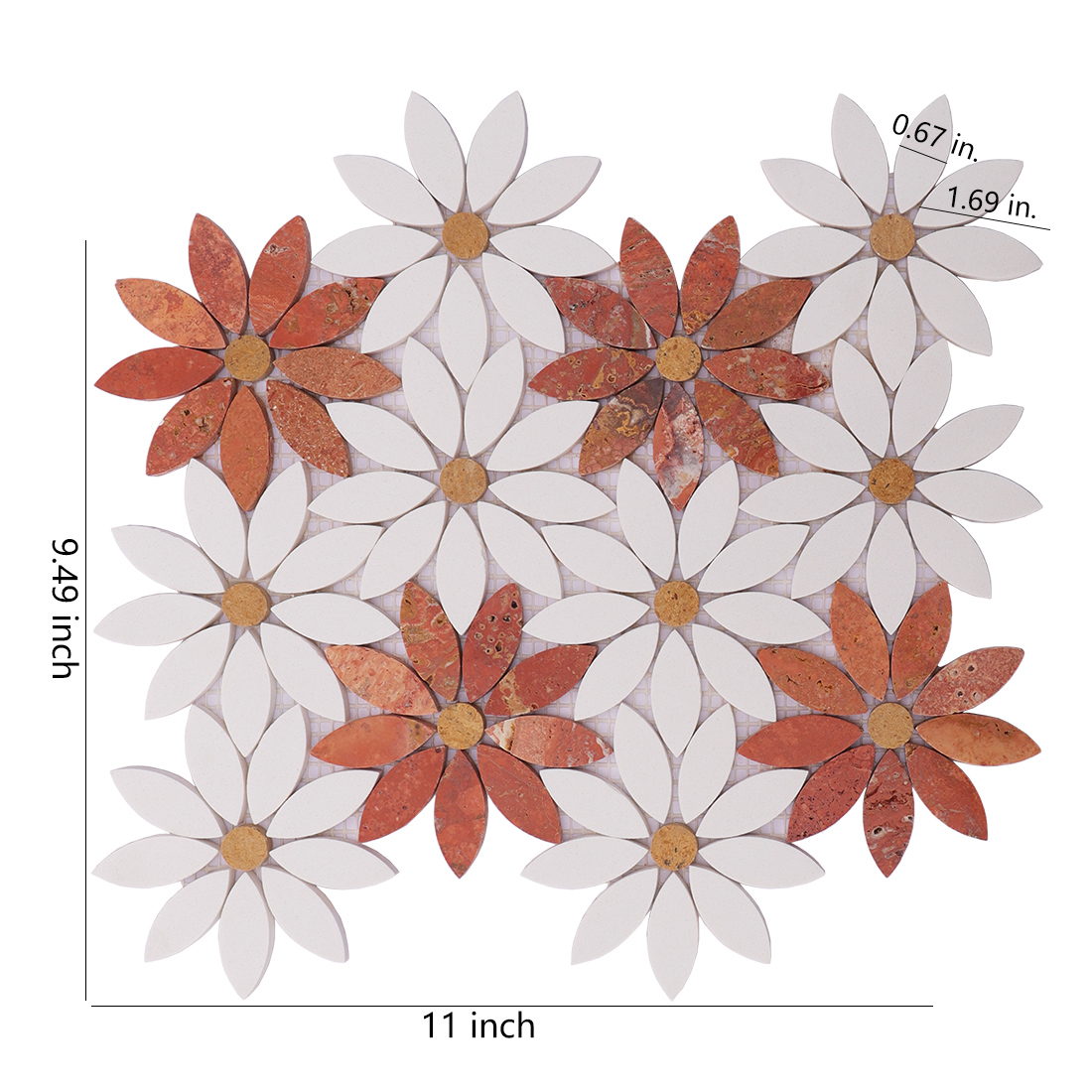 Red and white floral marble mosaic tile full sheet display.