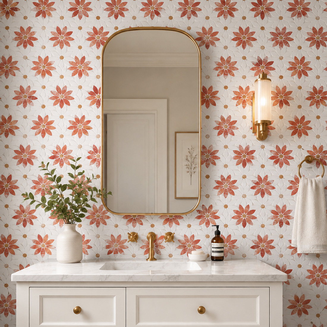 Red and white flower marble mosaic tile vanity wall scene with gold mirror.