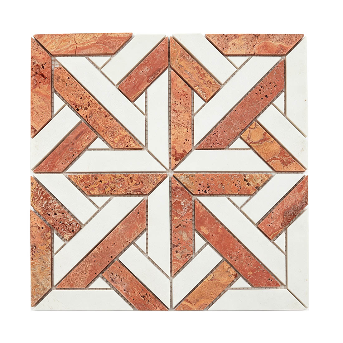Red white interlocking geometric marble mosaic tile sheet on a white background