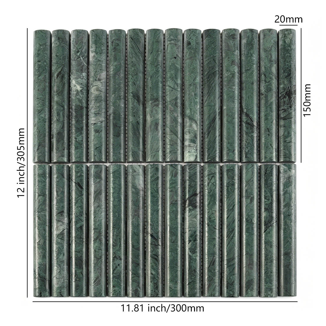 Green marble rounded reed mosaic tile sheet with 20x150mm strip size
