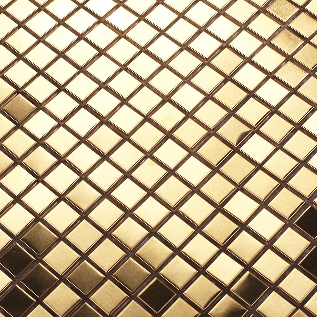 A detailed view of the corner and edges of a gold metallic square mosaic tile sheet.