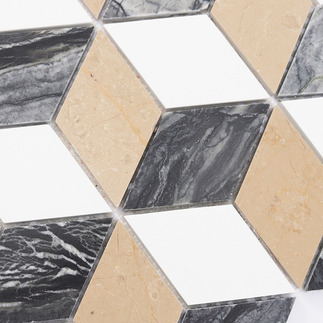 Detailed texture of 3D cube tricolor marble mosaic.