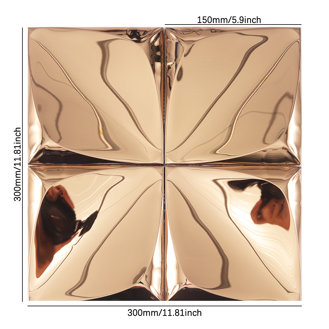 Rose gold 3D square metal tile sheet with raised pyramid panels and size marks