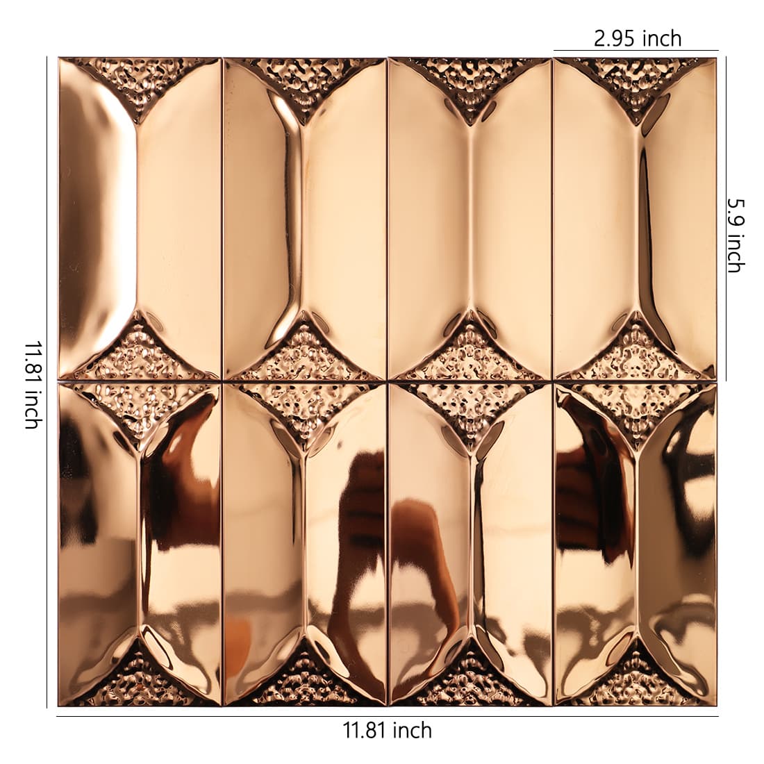 Front view of rose gold 3D beveled rectangle metal tile with dimensions.