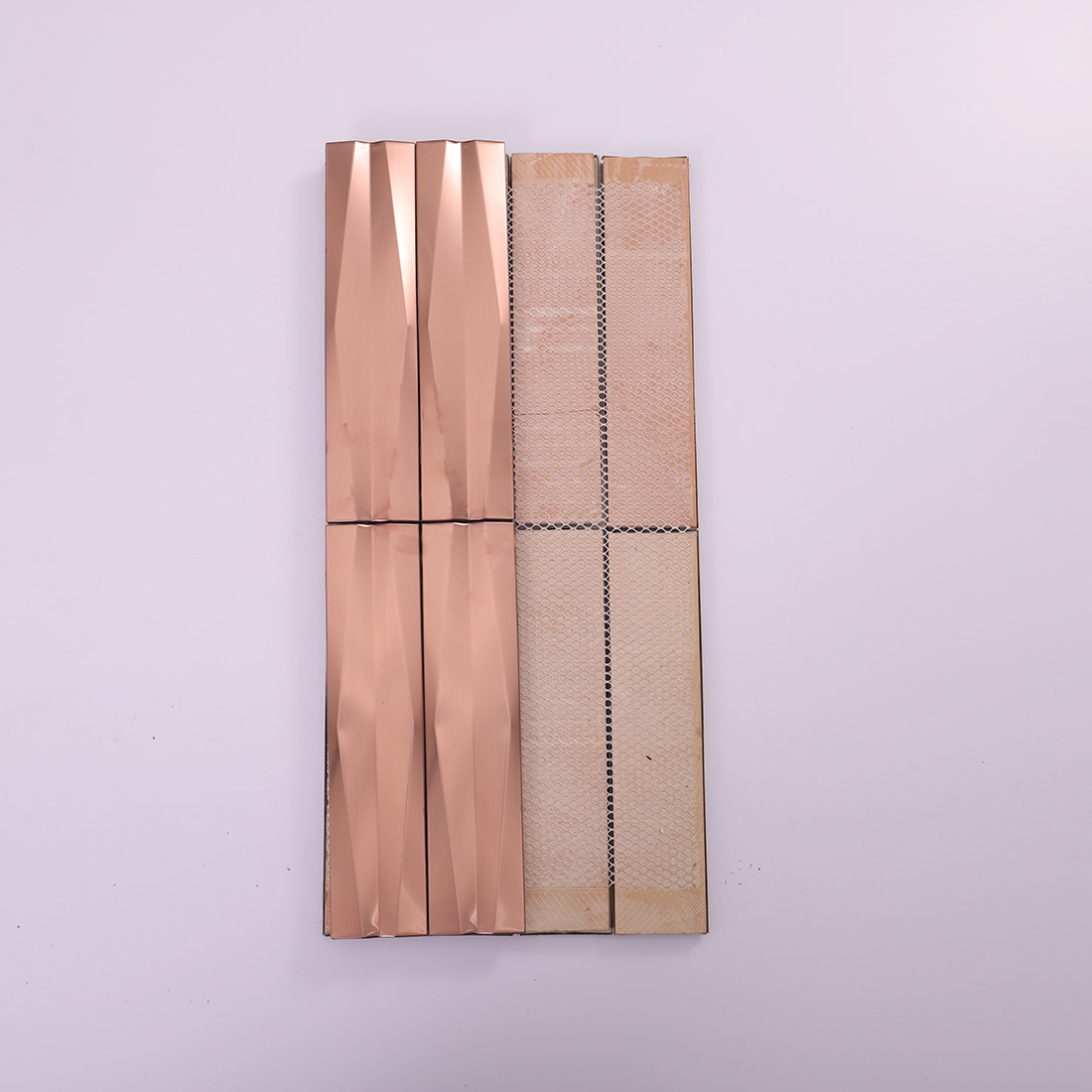Rose gold 3D linear stainless steel mosaic tile sheet with mesh backing
