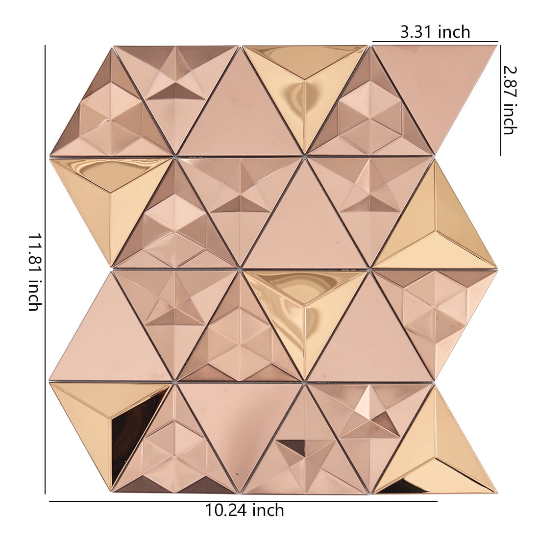 Rose gold 3D triangle metal mosaic tile sheet with size details
