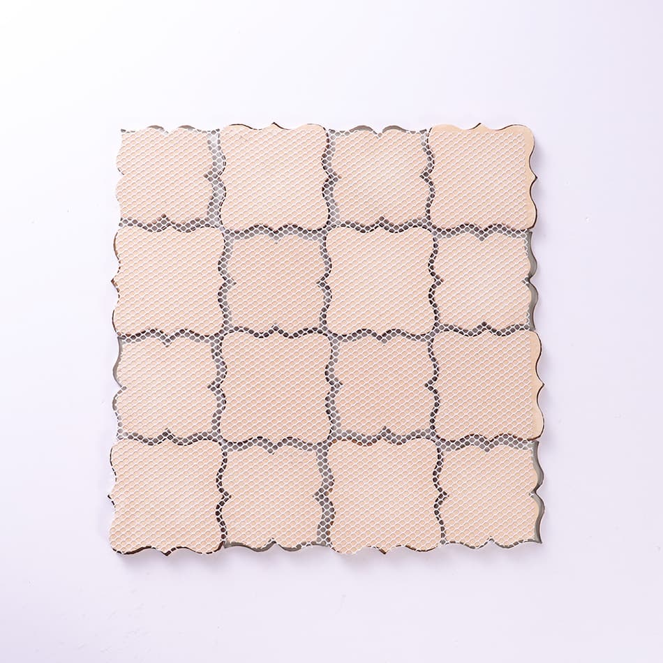 Back view of rose gold and antique copper arabesque mosaic tile with mesh
