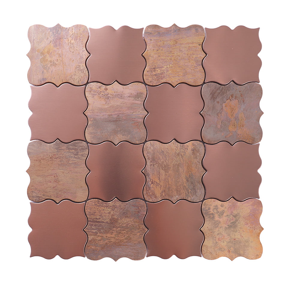 Full sheet of rose gold and antique copper arabesque mosaic tile