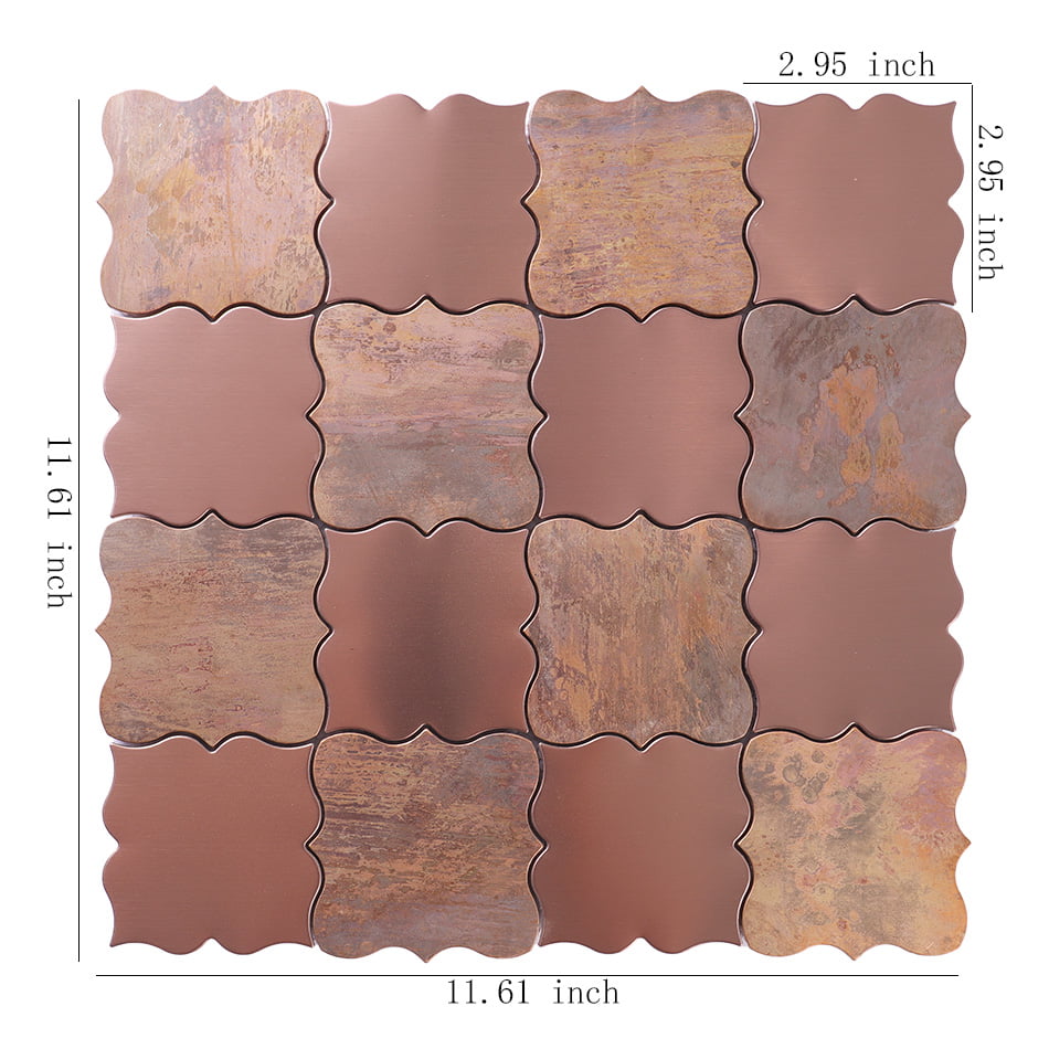 Rose gold and antique copper arabesque mosaic tile sheet with size details