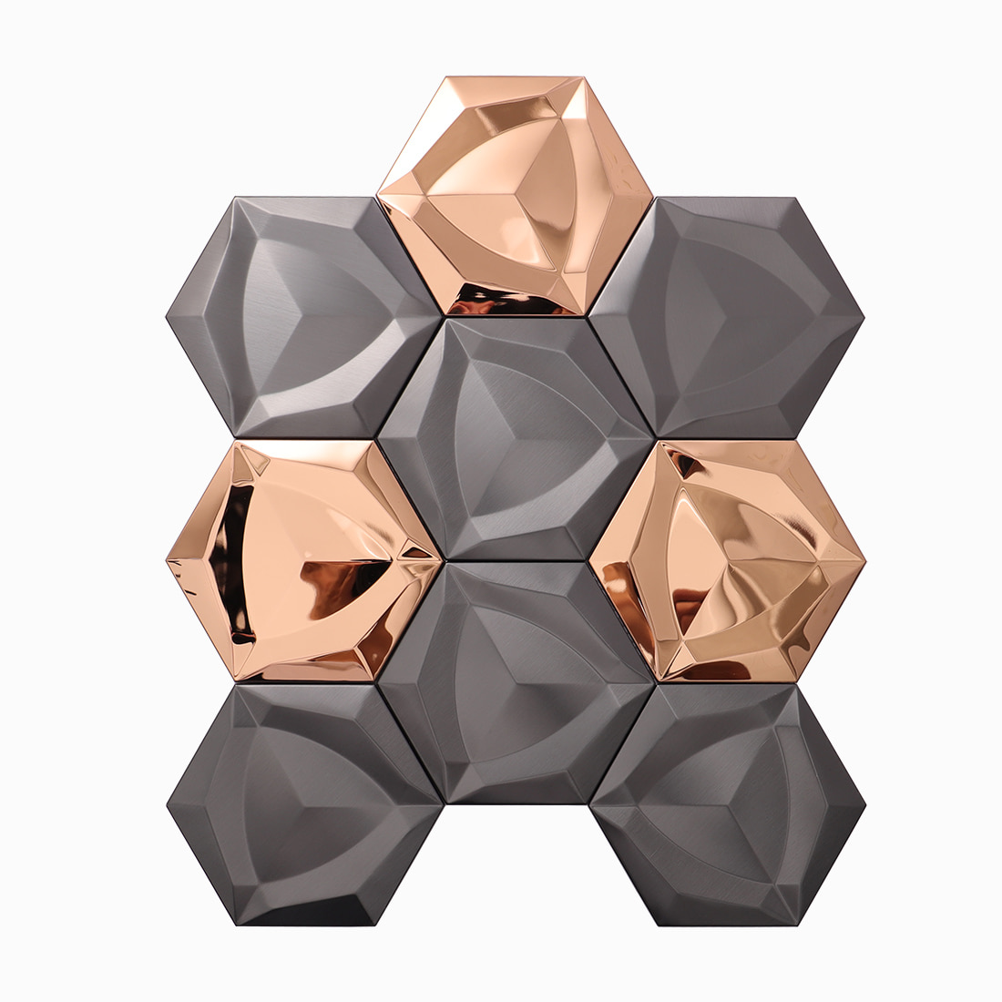 Front view of rose gold and matte black big hexagon metallic tile sheet.