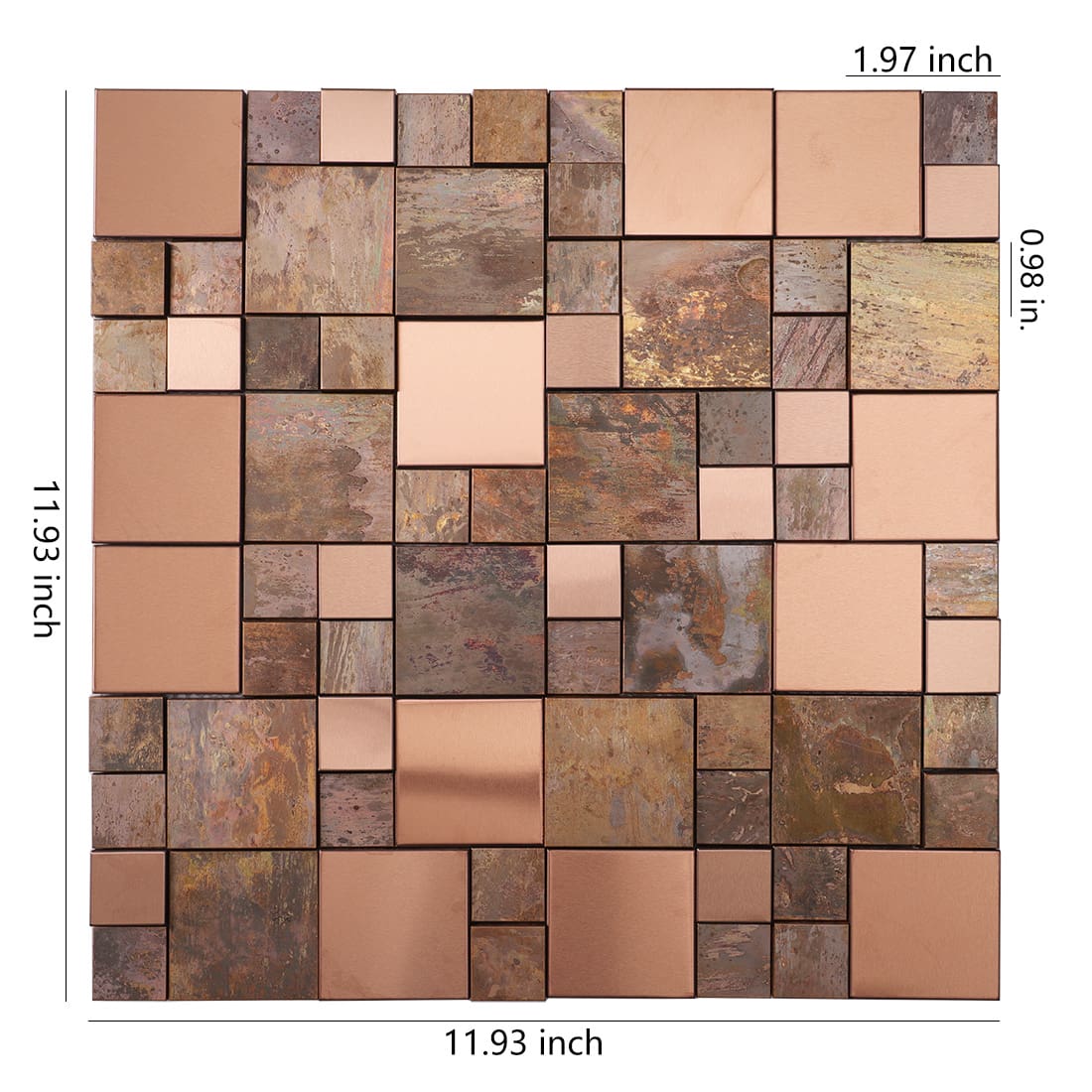 Rose gold and antique copper mixed square metal mosaic tile sheet with dimensions