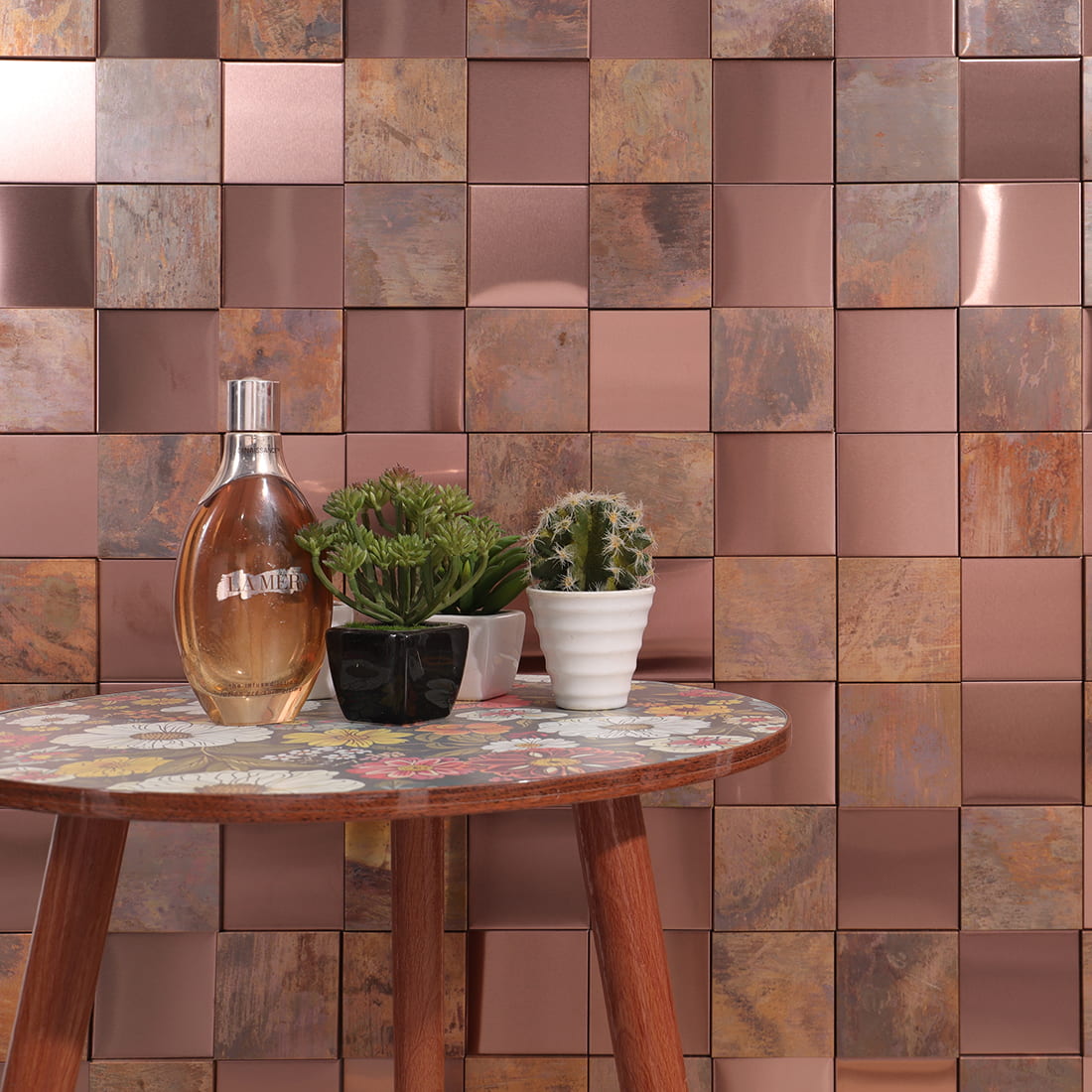 Rose gold and antique copper square metal mosaic wall with round accent table