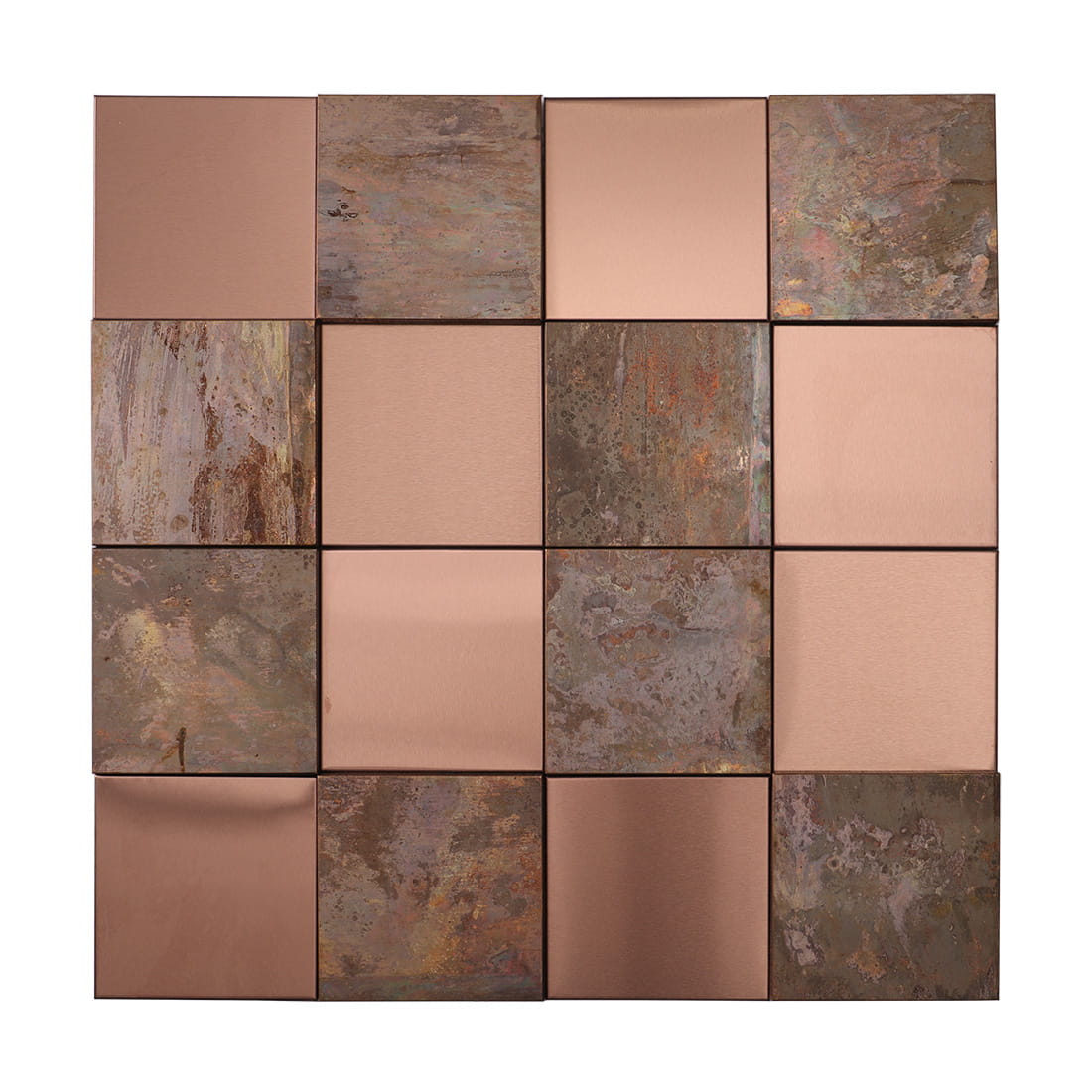 Full sheet of rose gold and antique copper square metal mosaic tile