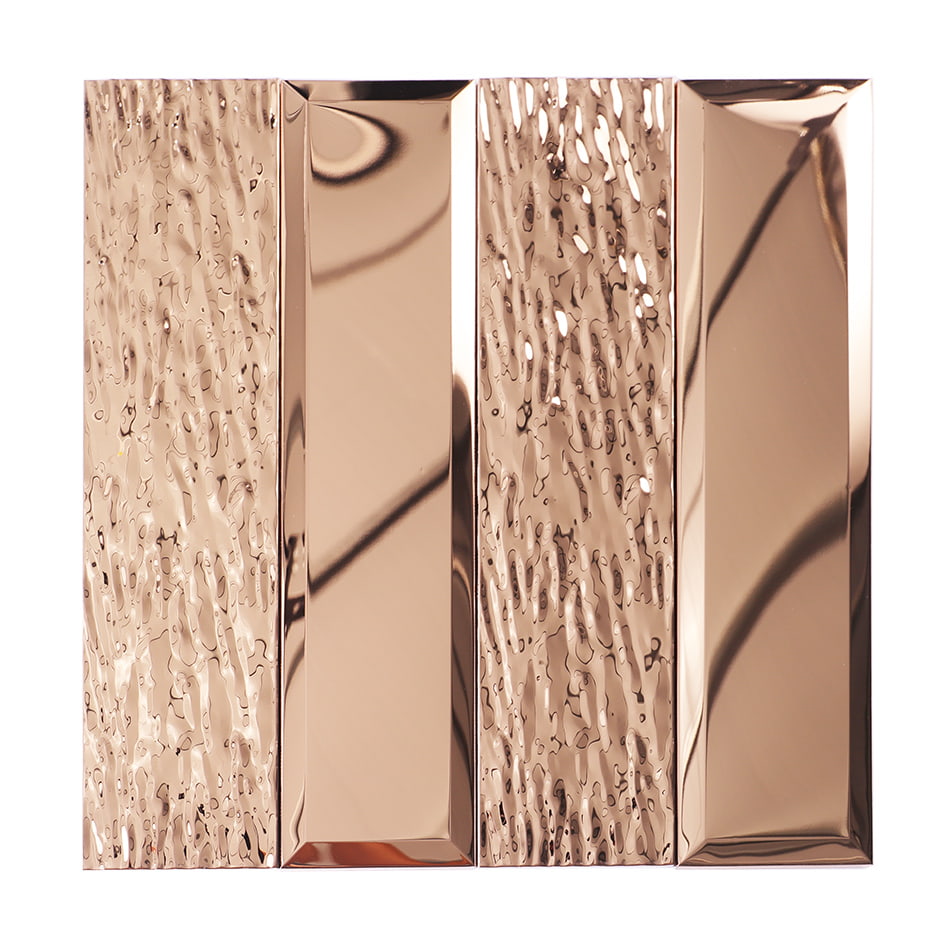 Full sheet of rose gold beveled textured metal wall tile