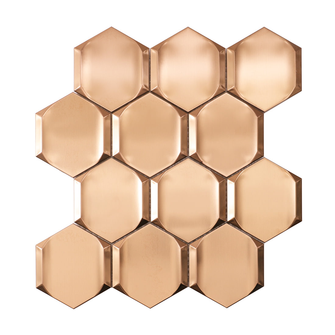 Full sheet of rose gold brushed beveled hexagon metal mosaic tile