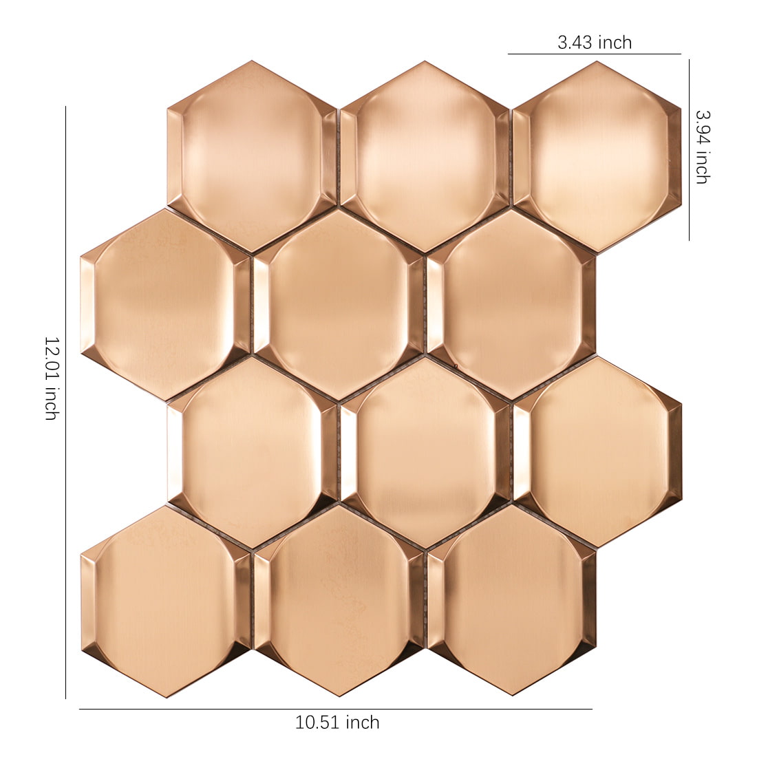 Rose gold brushed beveled hexagon metal mosaic tile sheet with size details