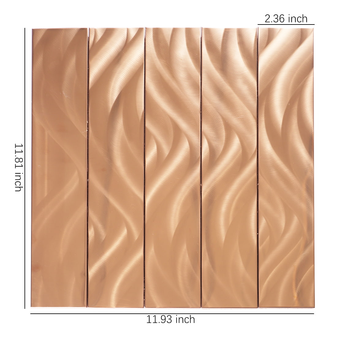 Rose gold brushed water ripple metal mosaic tile sheet with size details
