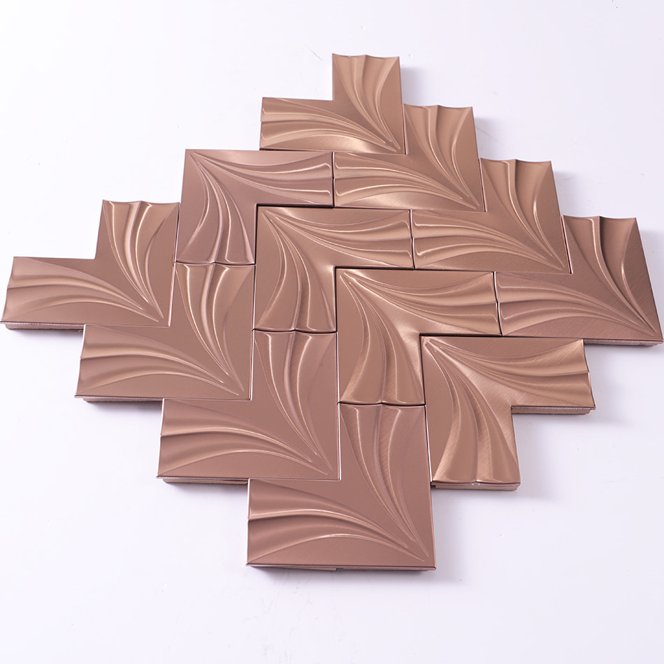 Perspective view of rose gold chevron stainless steel mosaic tile sheet