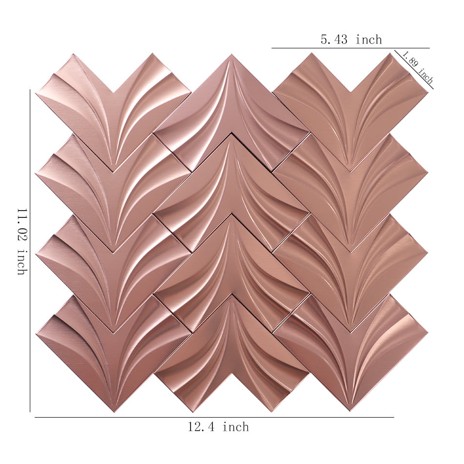 Rose gold chevron stainless steel mosaic tile sheet with size details