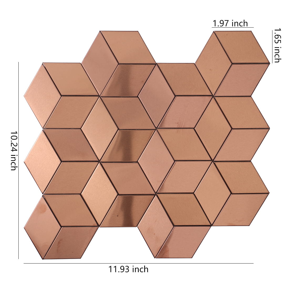 Rose gold cube stainless steel mosaic tile sheet with size details