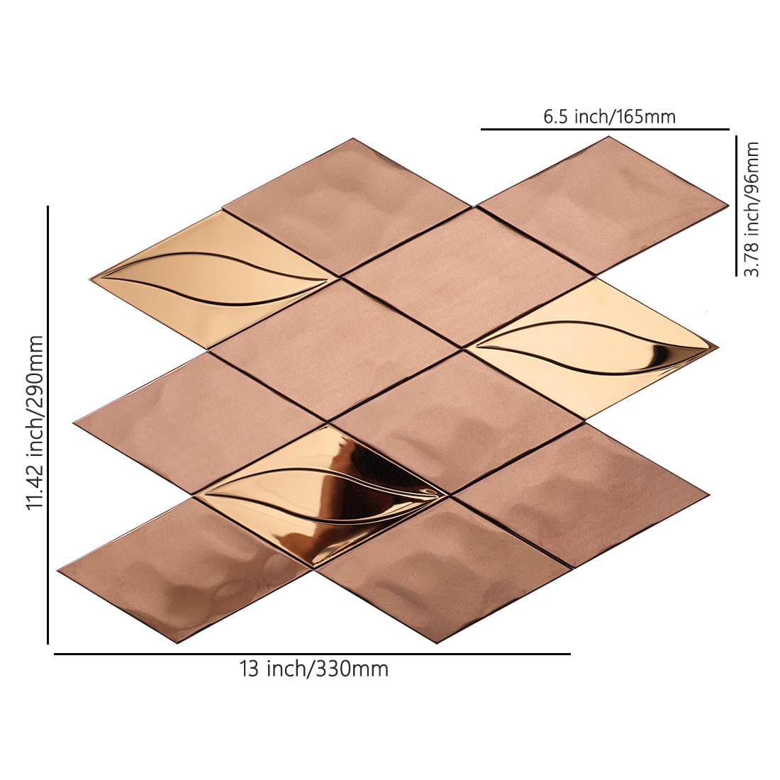 Rose gold diamond metal mosaic tile sheet with size annotations.