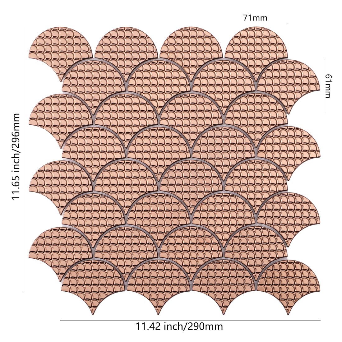 Rose gold fish scale metal mosaic tile sheet with size details