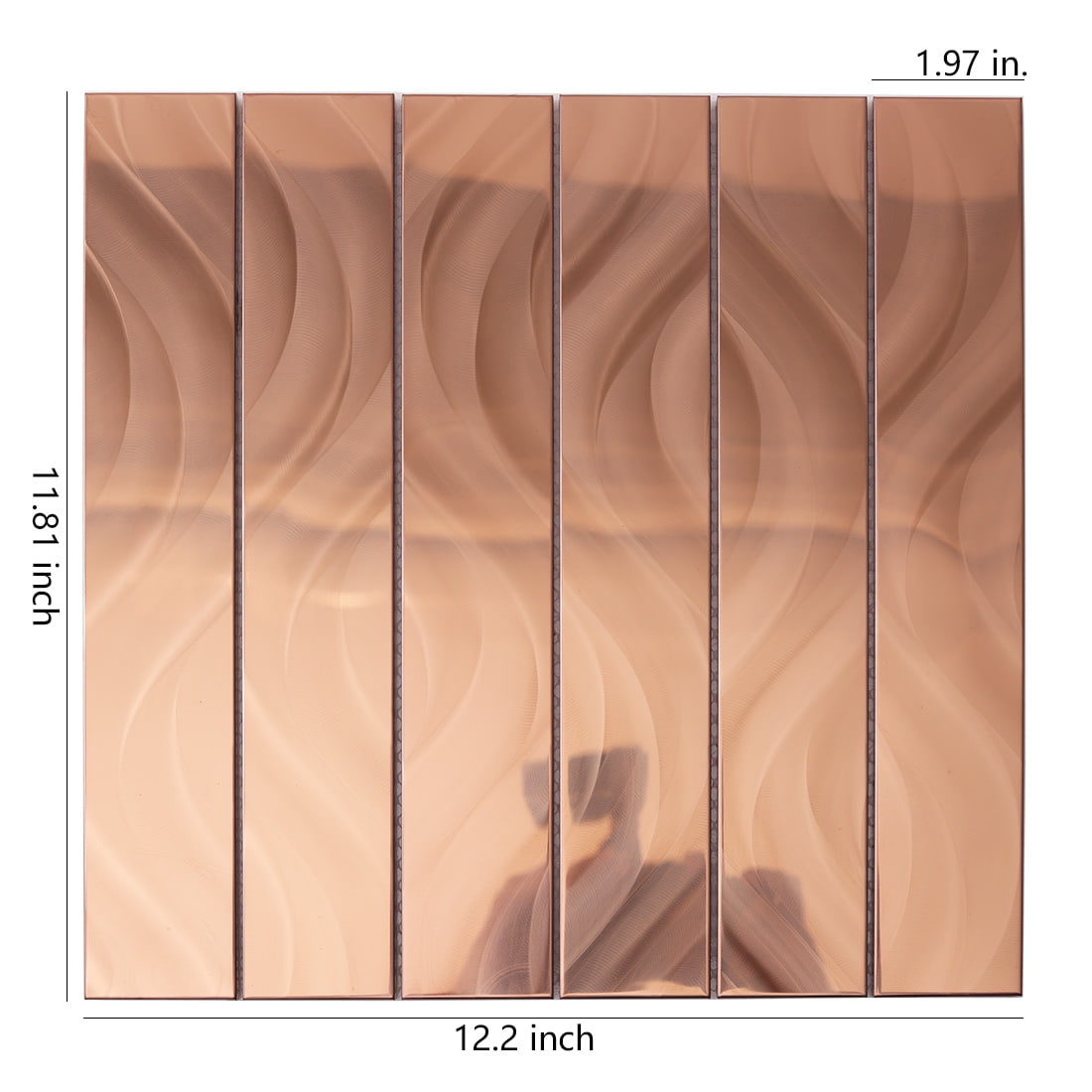 Front view of rose gold linear tile with dimensions and flowy brushed texture.