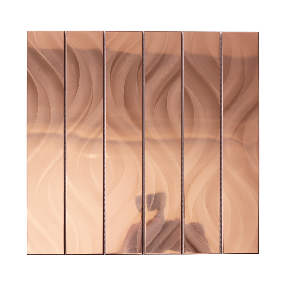 Square sheet of rose gold long strip tiles with a flowy brushed finish.