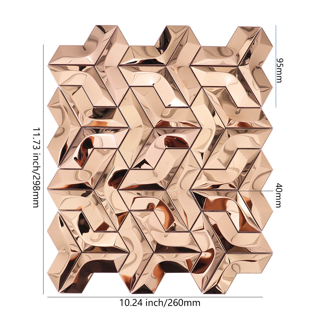 Dimensions of rose gold 3D geometric metallic mosaic tile