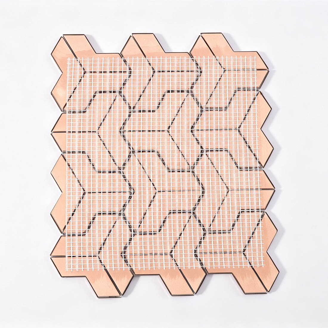 Rose gold geometric metallic mosaic tile sheet with mesh backing