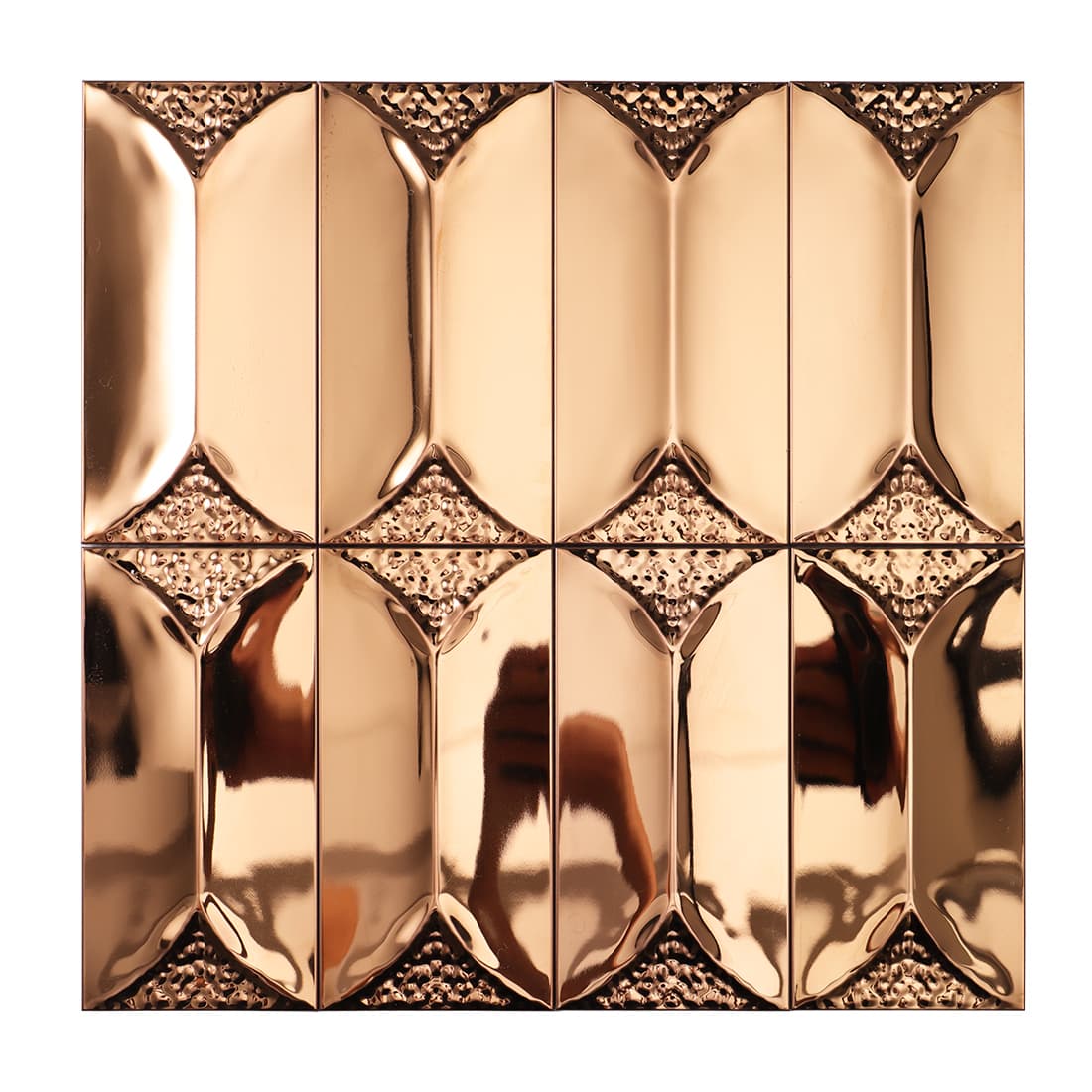 Full sheet of glossy rose gold 3D picket-style metal mosaic tiles.