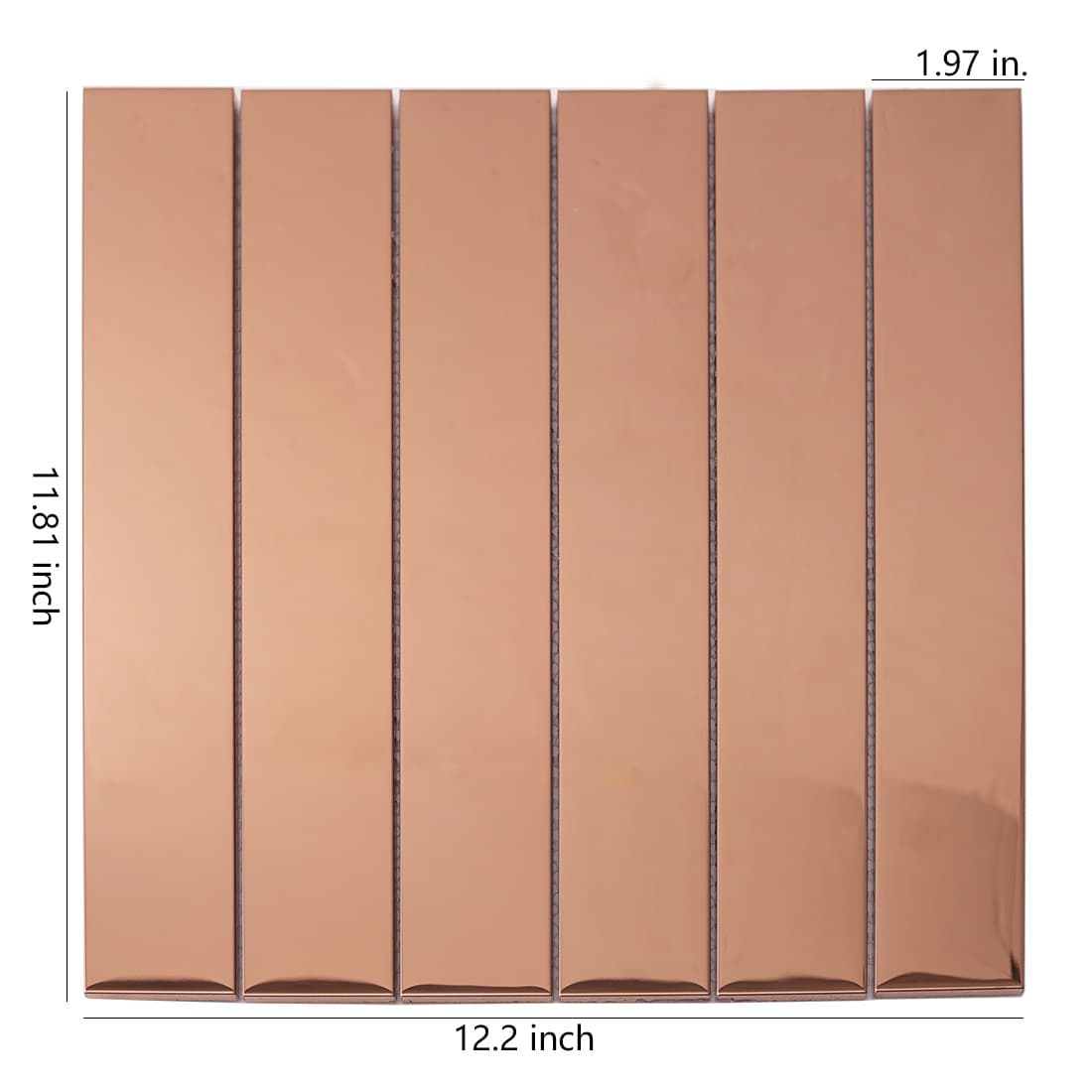 Front view of rose gold glossy linear stainless steel tile with dimensions.