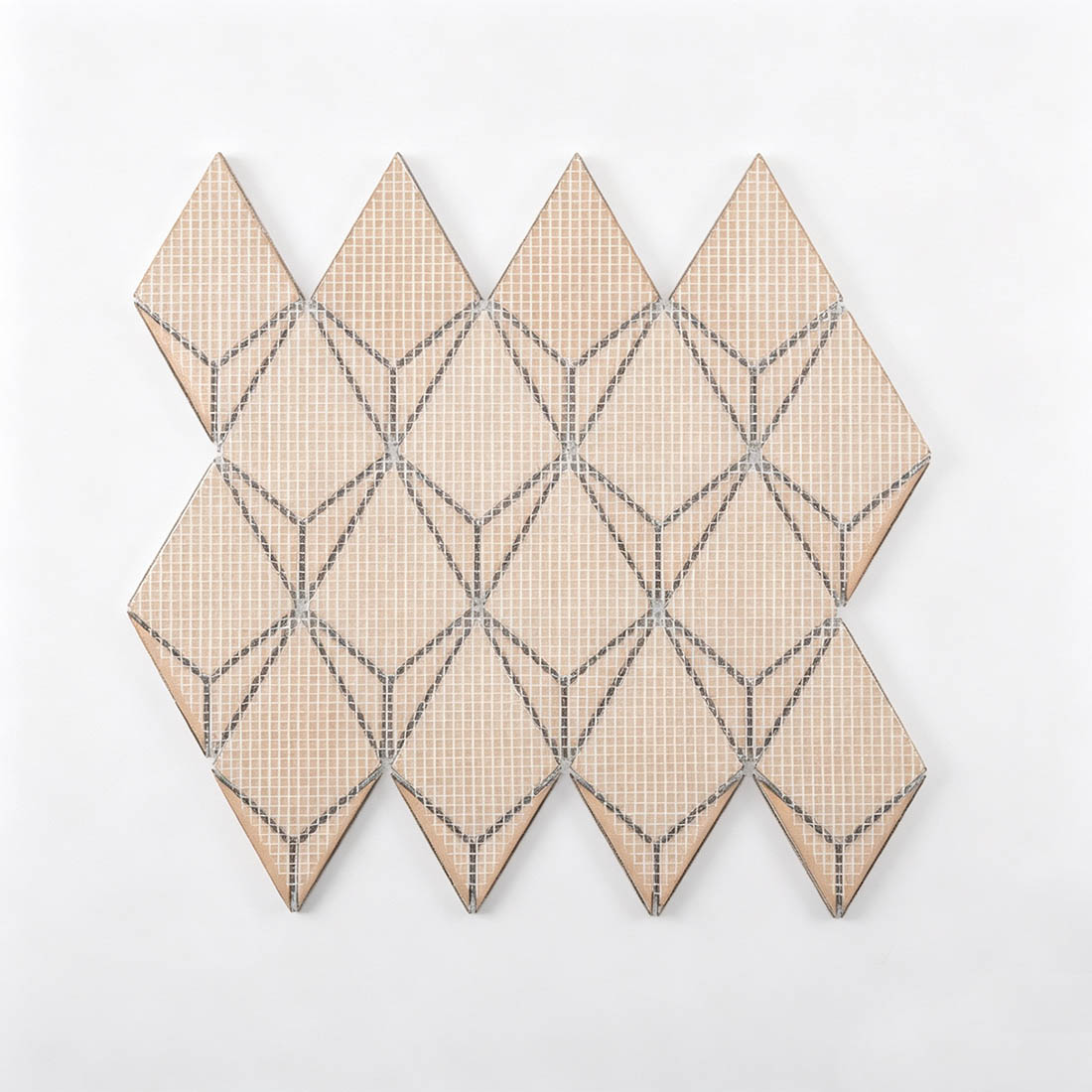Mesh backing of rose gold kite-shaped aluminum mosaic tile for easy installation