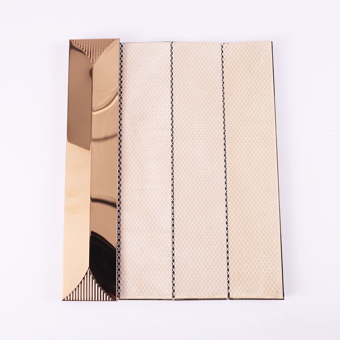 Back mesh view of rose gold metal mosaic tile sheet