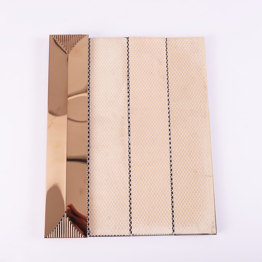 Back mesh view of rose gold metal mosaic tile sheet