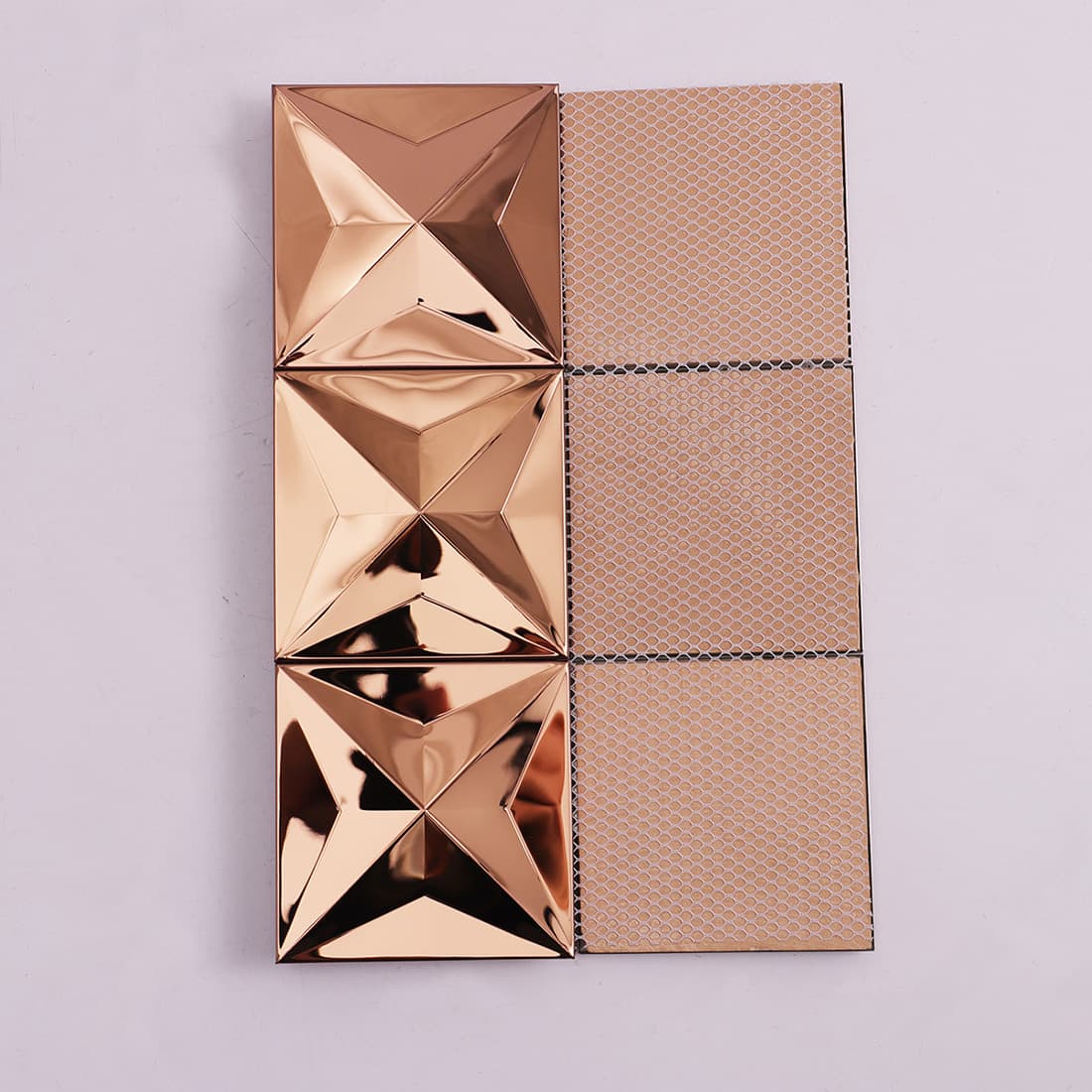 Back view of rose gold mirror 3D square stainless steel mosaic tile sheet