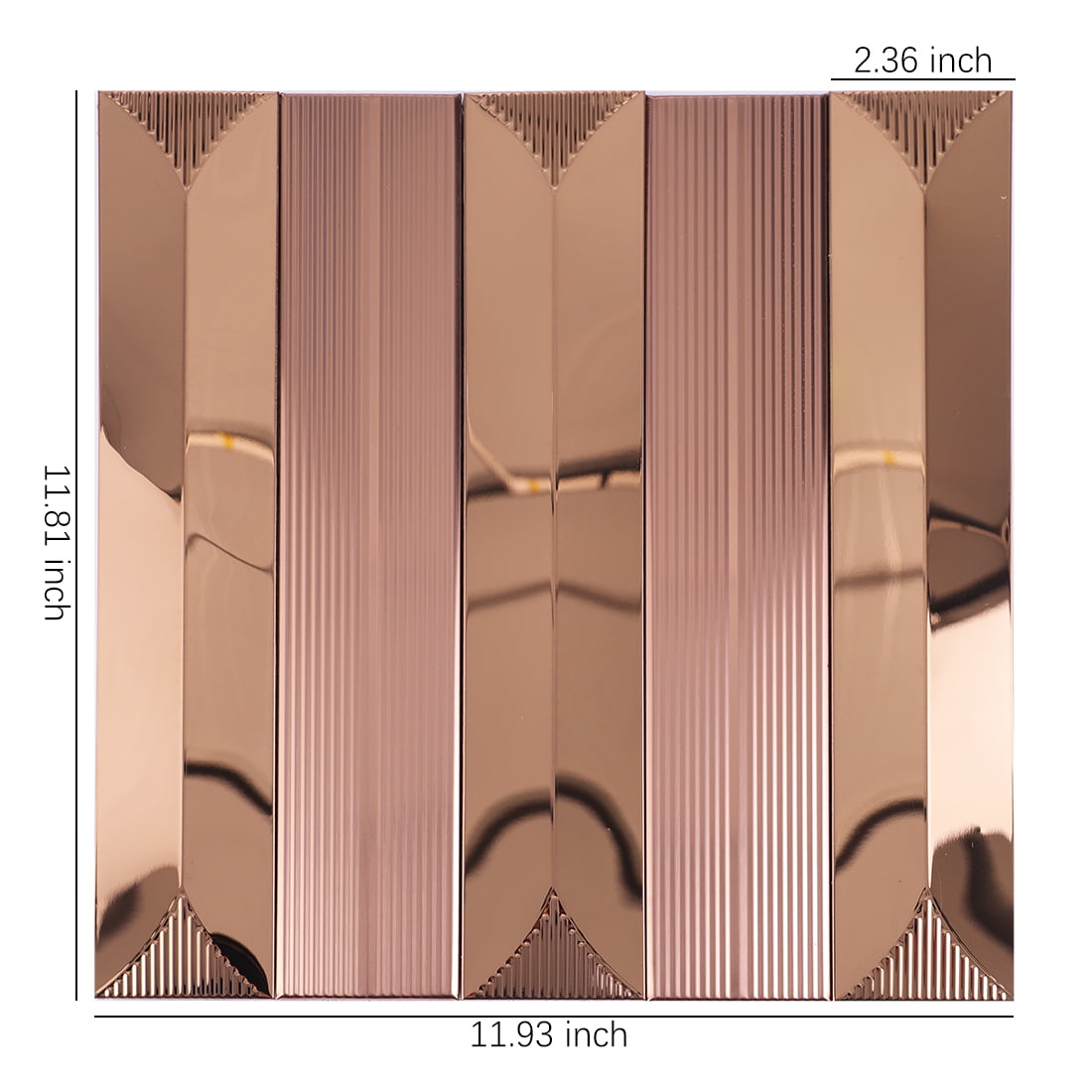 Rose gold mirror and fluted metal mosaic tile sheet with size details