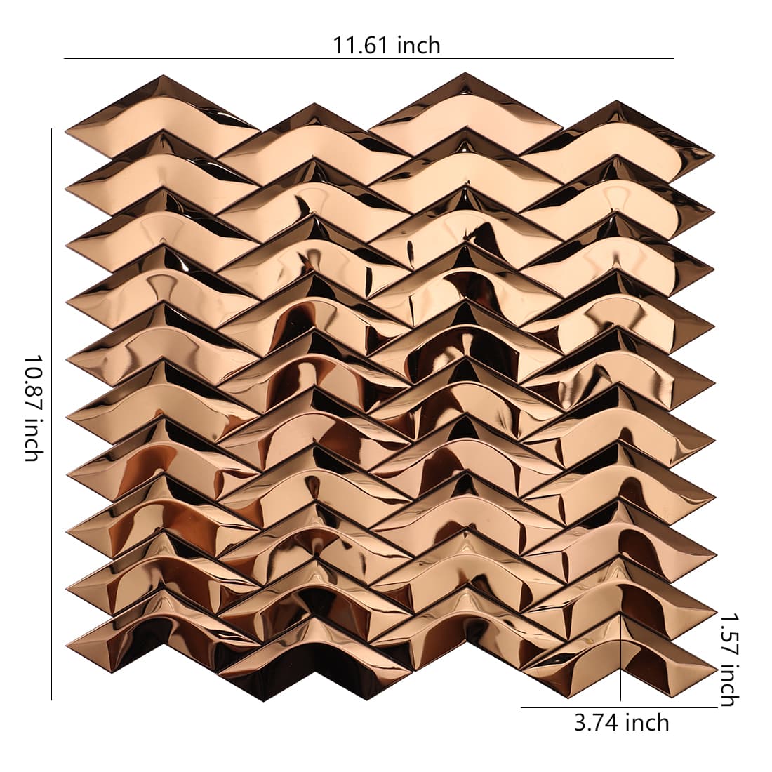 Rose gold mirror chevron metal mosaic tile sheet with size details