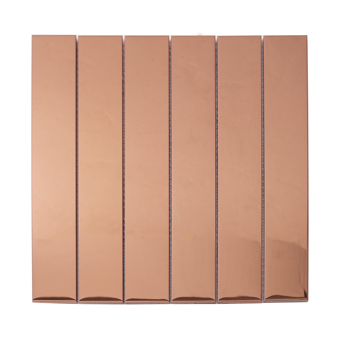 Square sheet of rose gold mirror finish linear stainless steel mosaic tiles.