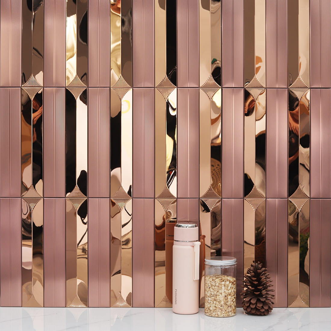 Rose gold mirror and fluted metal mosaic decor scene