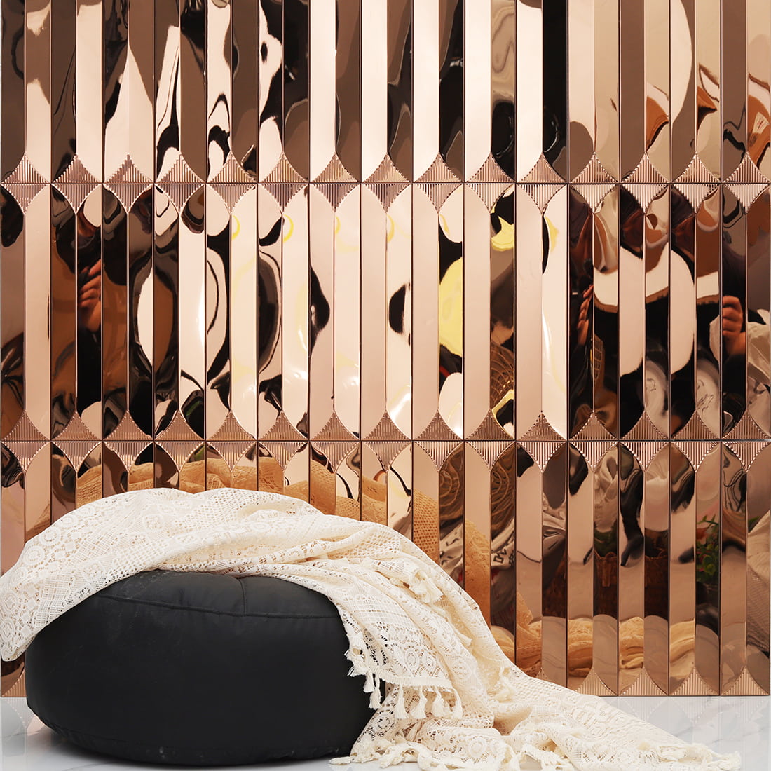 Rose gold mirror metal mosaic wall decor scene with soft furnishings