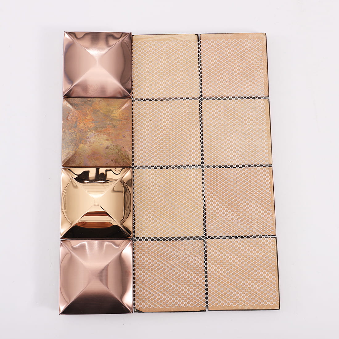 Back mesh view of rose gold mixed metal square 3D mosaic tile