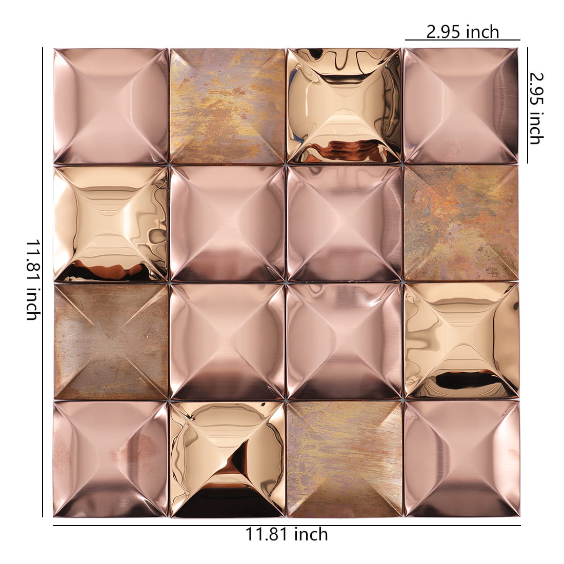 Rose gold mixed metal square 3D mosaic tile sheet with dimensions