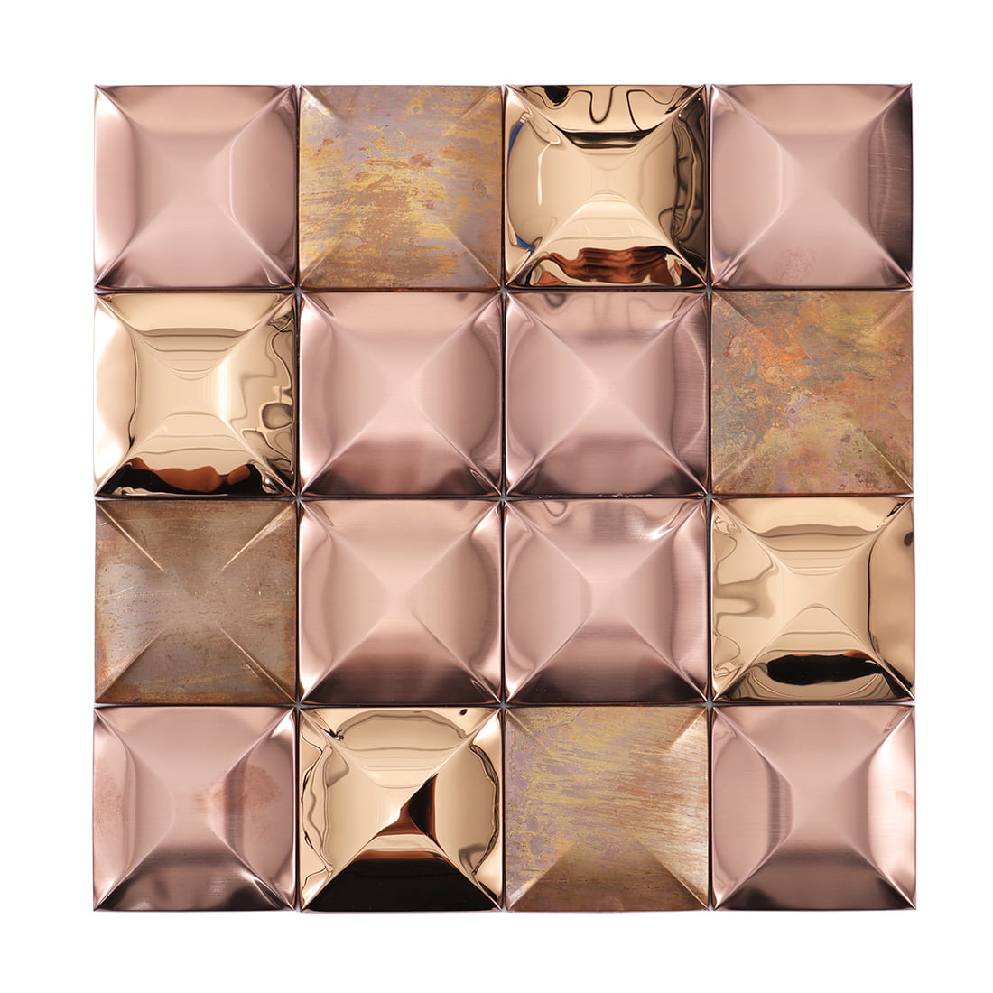 Full sheet of rose gold mixed metal square 3D mosaic tile