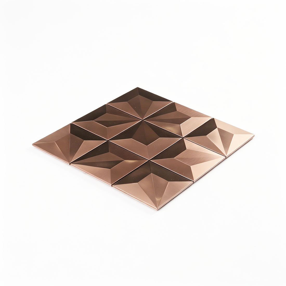 Angled sheet view of rose gold pyramid square stainless steel mosaic