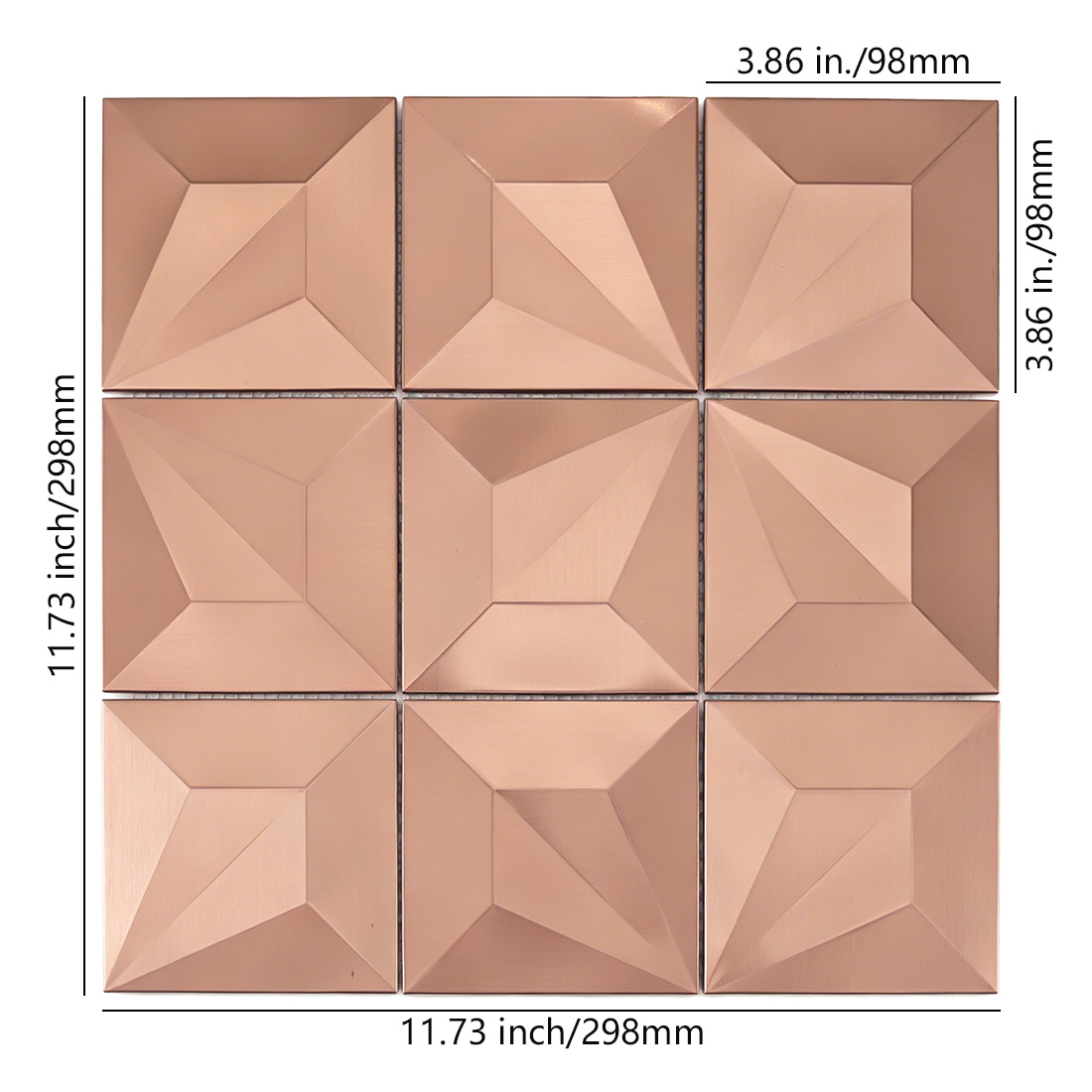 Rose gold pyramid square stainless steel mosaic with 98mm chips and 298mm sheet