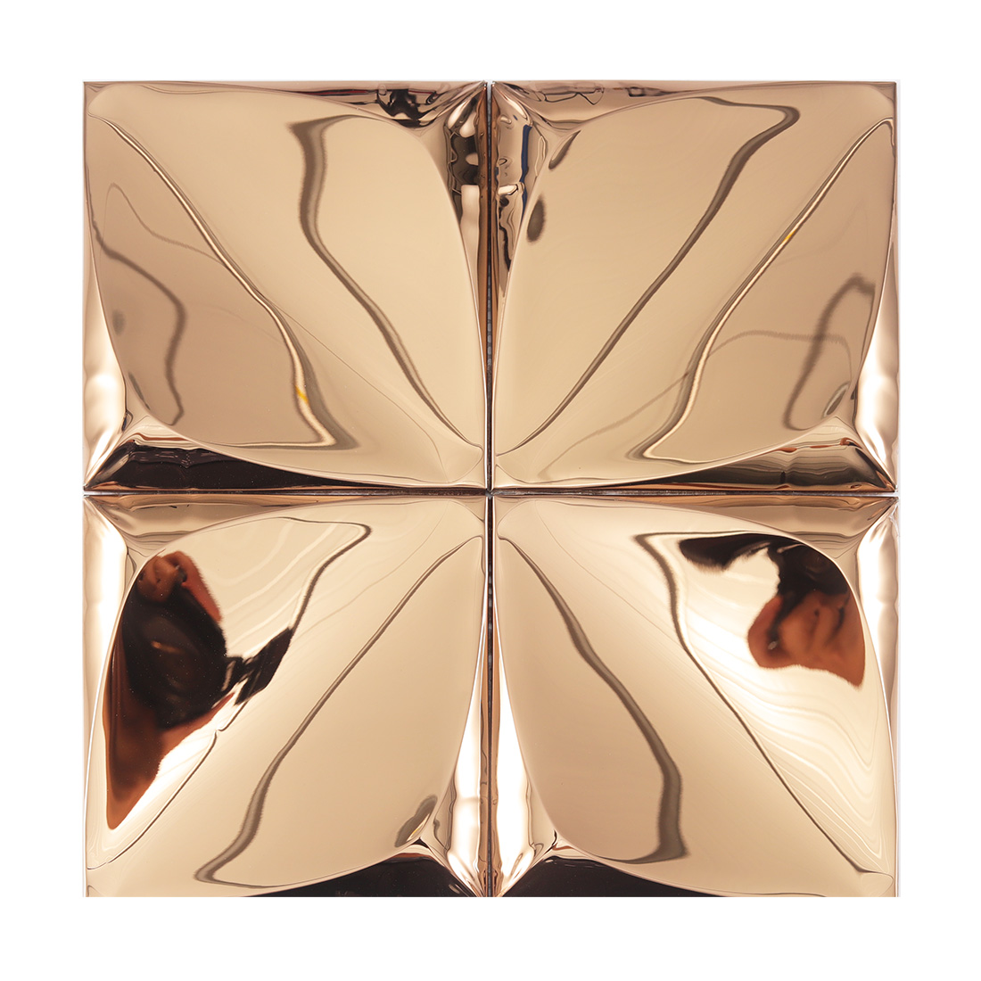 Full sheet of rose gold raised square metal tiles with glossy mirror finish