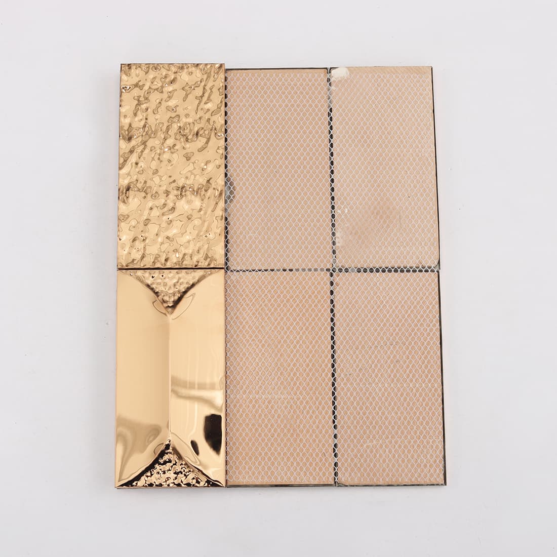 Back mesh of rose gold rectangular metal mosaic tile sheet